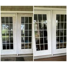 Before-and-after view of white French doors with glass panes and grid panes on a house porch
