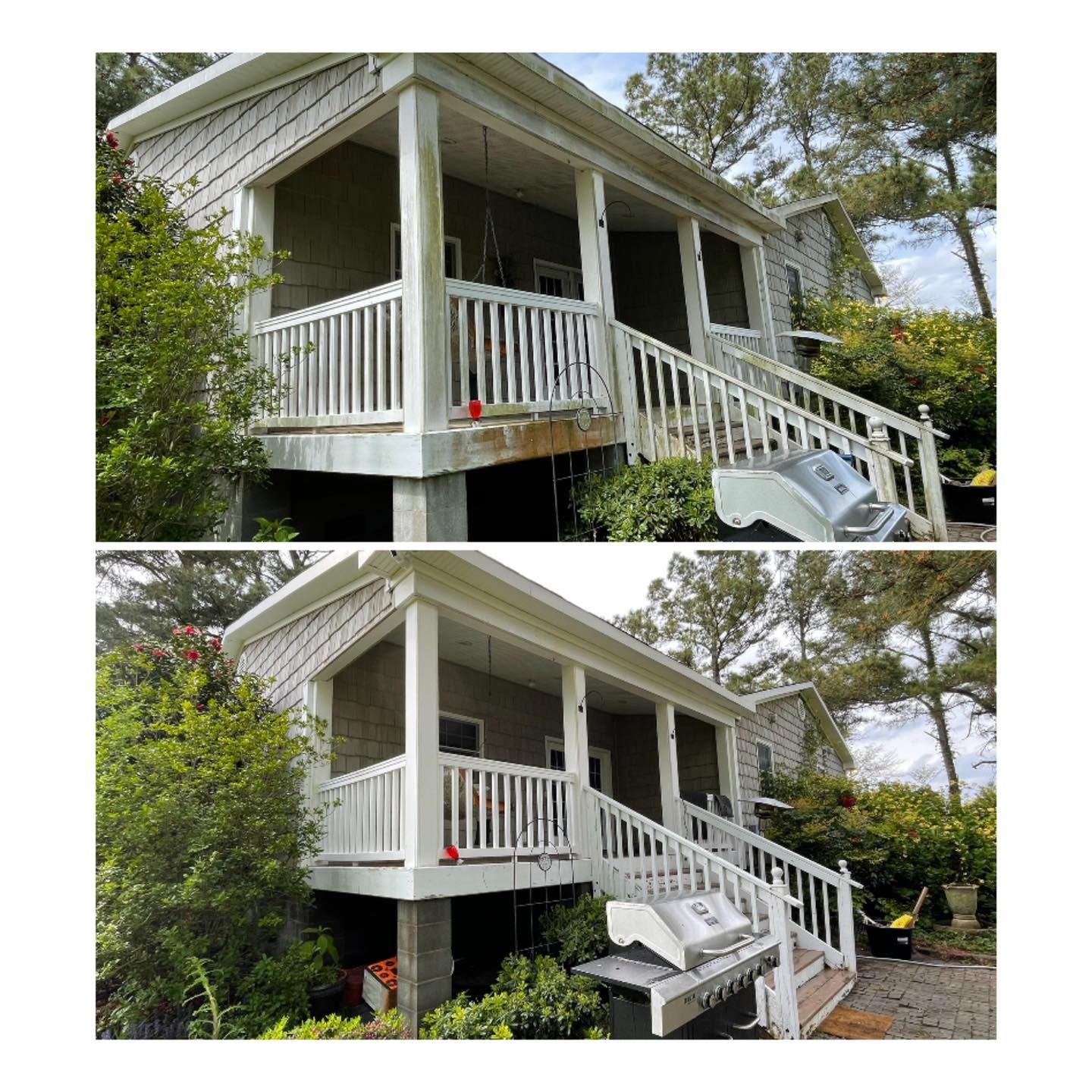 Before-and-after view of a white house porch with ramp and stairs, showing accessibility improvements