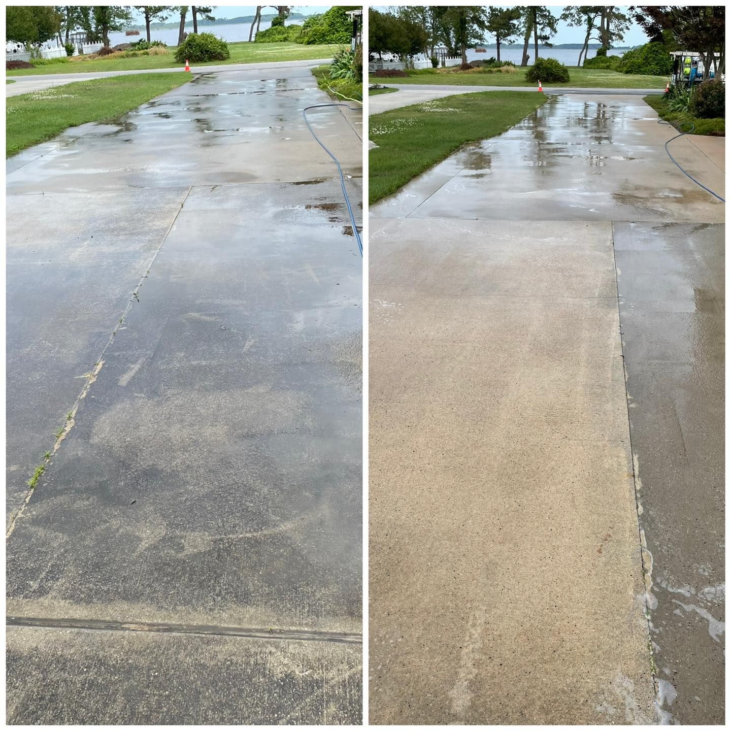 Wet concrete driveway shown in two side-by-side views, with a darker sealed section on the right.