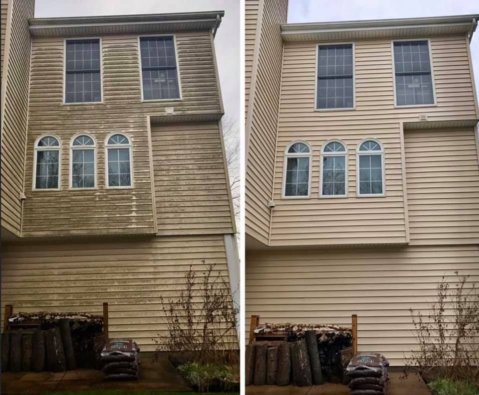 Side-by-side view of a house exterior before and after repainting, with lighter beige siding on the right.