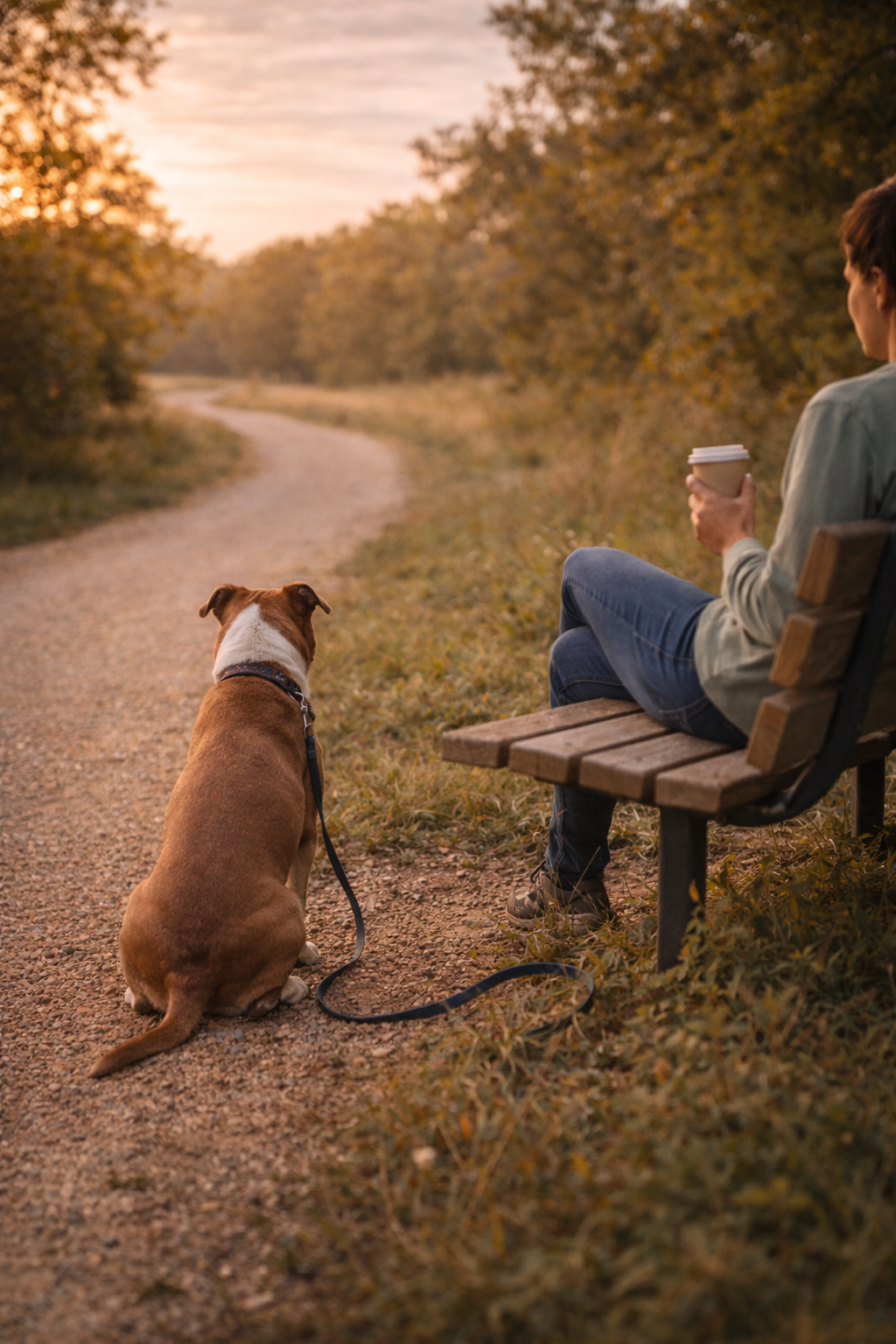Dog on leash sits by a bench as person sips from a cup in a park at sunset.
