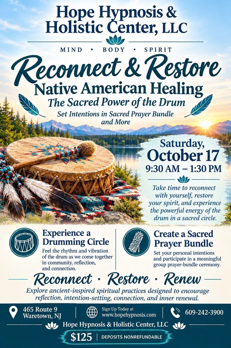 Healing retreat flyer for Hope Hypnosis & Holistic Center with turquoise water, stones, and wood accents