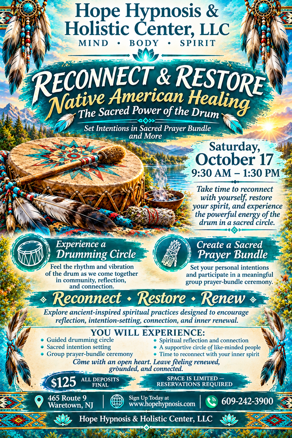 Healing retreat flyer for Hope Hypnosis & Holistic Center with turquoise water, stones, and wood accents Healing retreat flyer for Hope Hypnosis & Holistic Center with turquoise water, stones, and wood accents