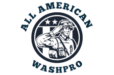 Logo for "All American Washpro" featuring a soldier in uniform saluting inside a dark blue circular frame with stars.