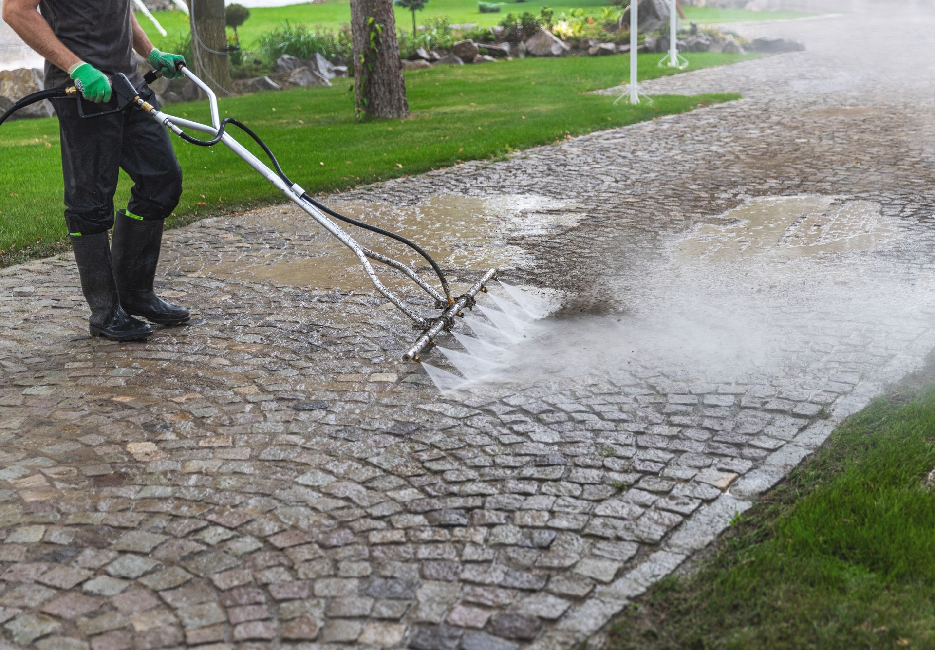 A person wearing protective gear uses a pressure washer to clean a stone-paved walkway next to a grassy lawn.