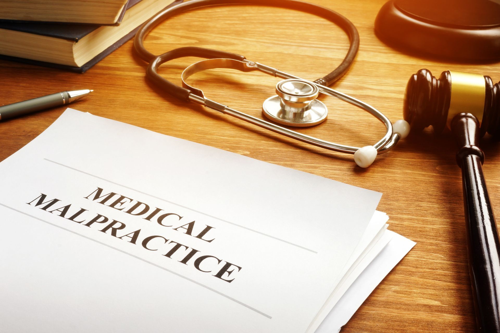 A stethoscope is sitting on top of a piece of paper that says medical malpractice.