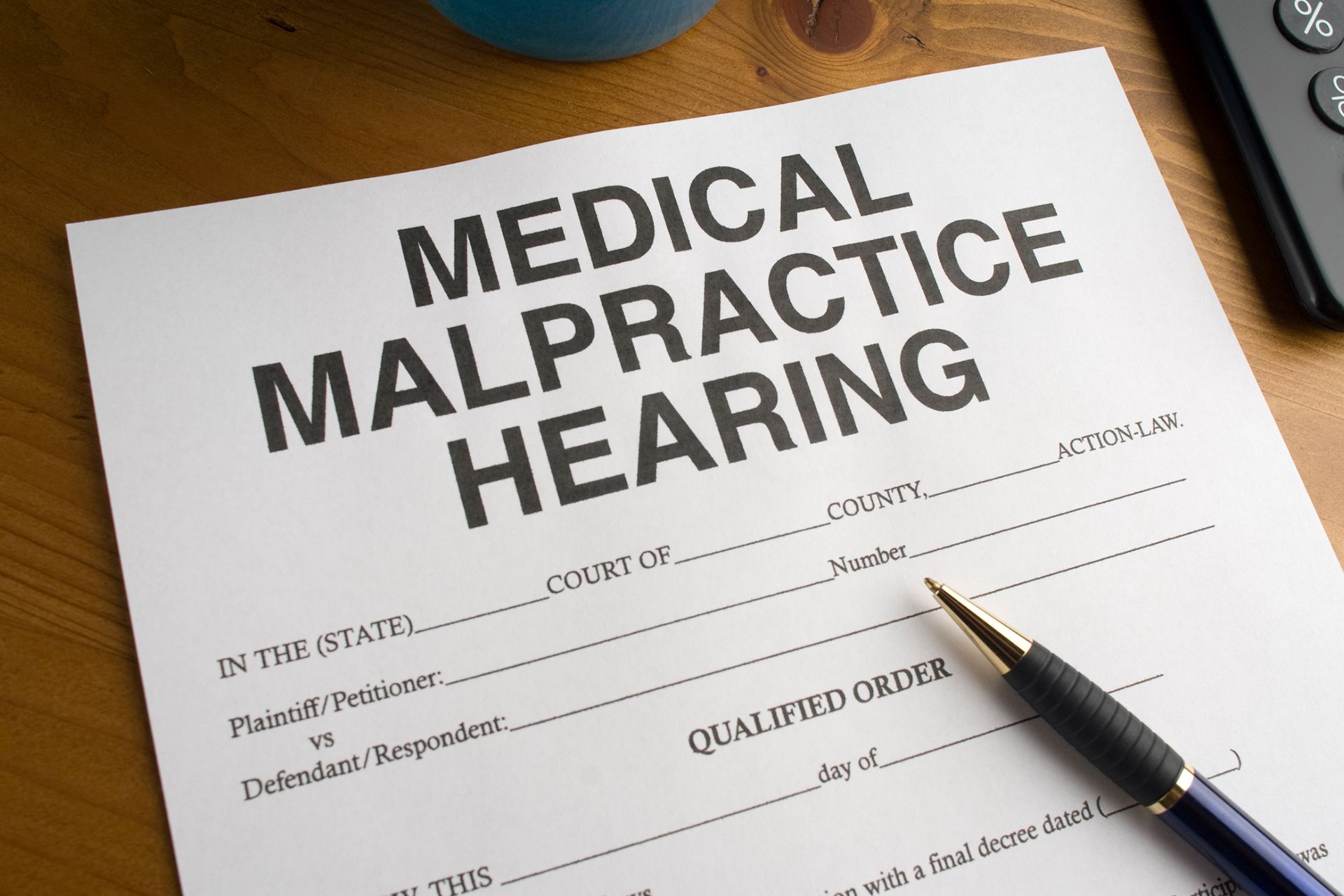 Medical malpractice hearing document with pen, next to a calculator and blue item on a wooden surface. Medical malpractice hearing document with pen, next to a calculator and blue item on a wooden surface.