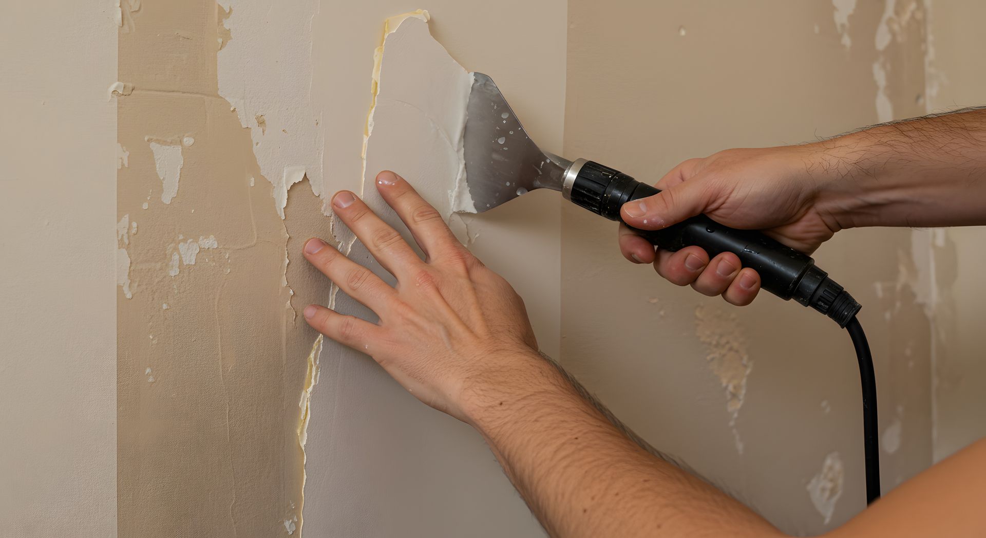 Hands use a scraper on a peeling beige wall during ремонт