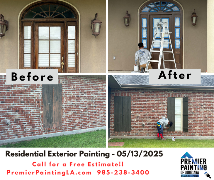 A before and after picture of a residential exterior painting