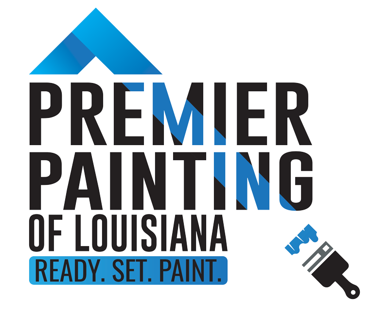 Logo for Premier Painting of Louisiana, featuring a blue house-shaped graphic and a paintbrush.