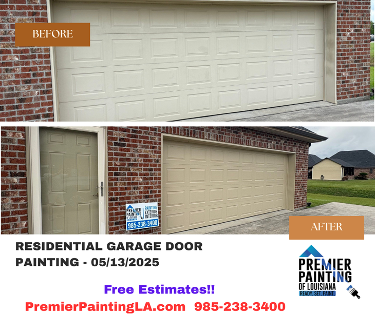 A before and after picture of a residential garage door painting