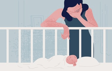A depressed woman is standing next to a crib with a baby in it.