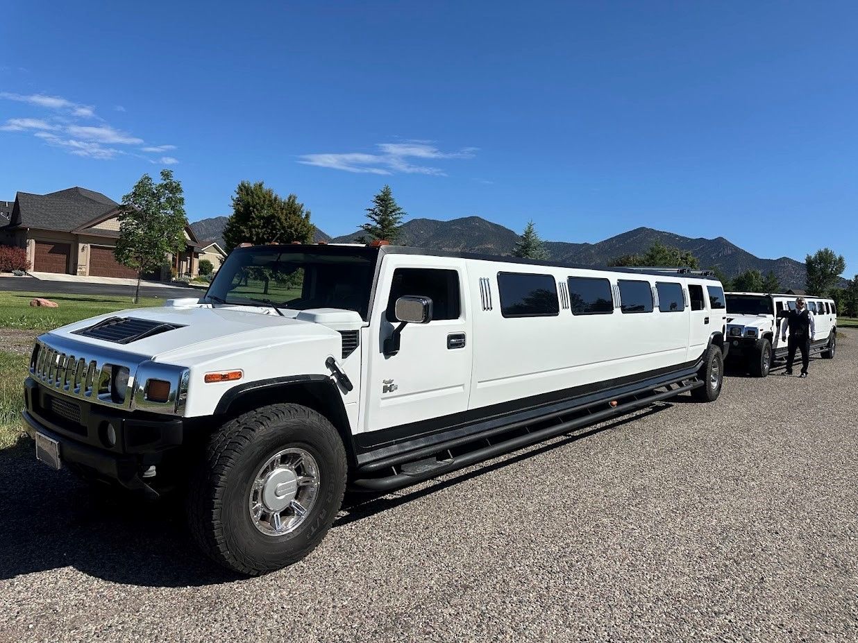 A white limousine is parked in front of a house decorated with christmas lights.