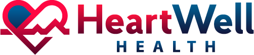 The logo for heartwell health is red and blue with a heart in the middle.