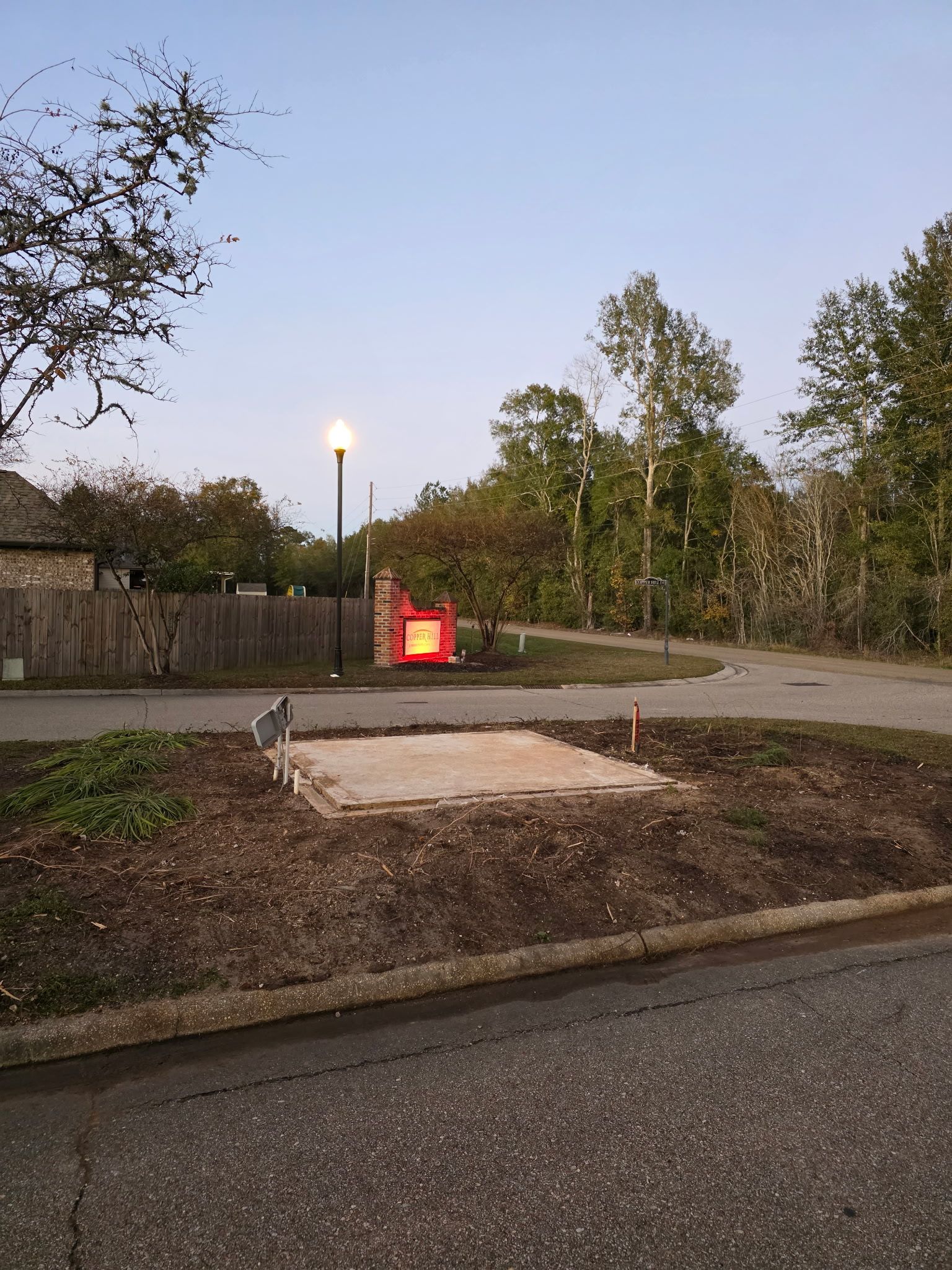 Empty roadside at dusk with a lit lamppost and a glowing red sign near trees