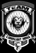 A black and white logo for lionheart mma with a lion and a fist.