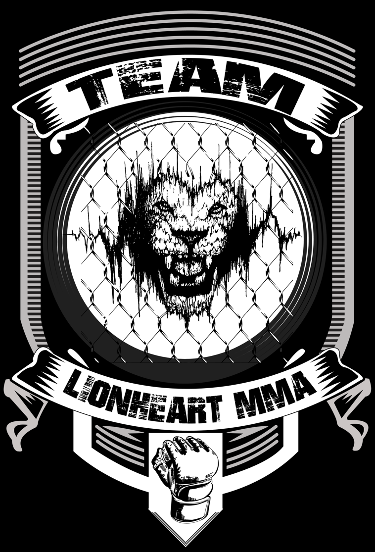 A black and white logo for lionheart mma with a lion and a fist.