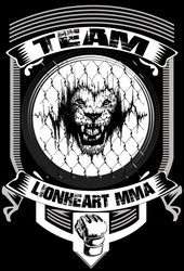A black and white logo for lionheart mma with a lion and a fist.