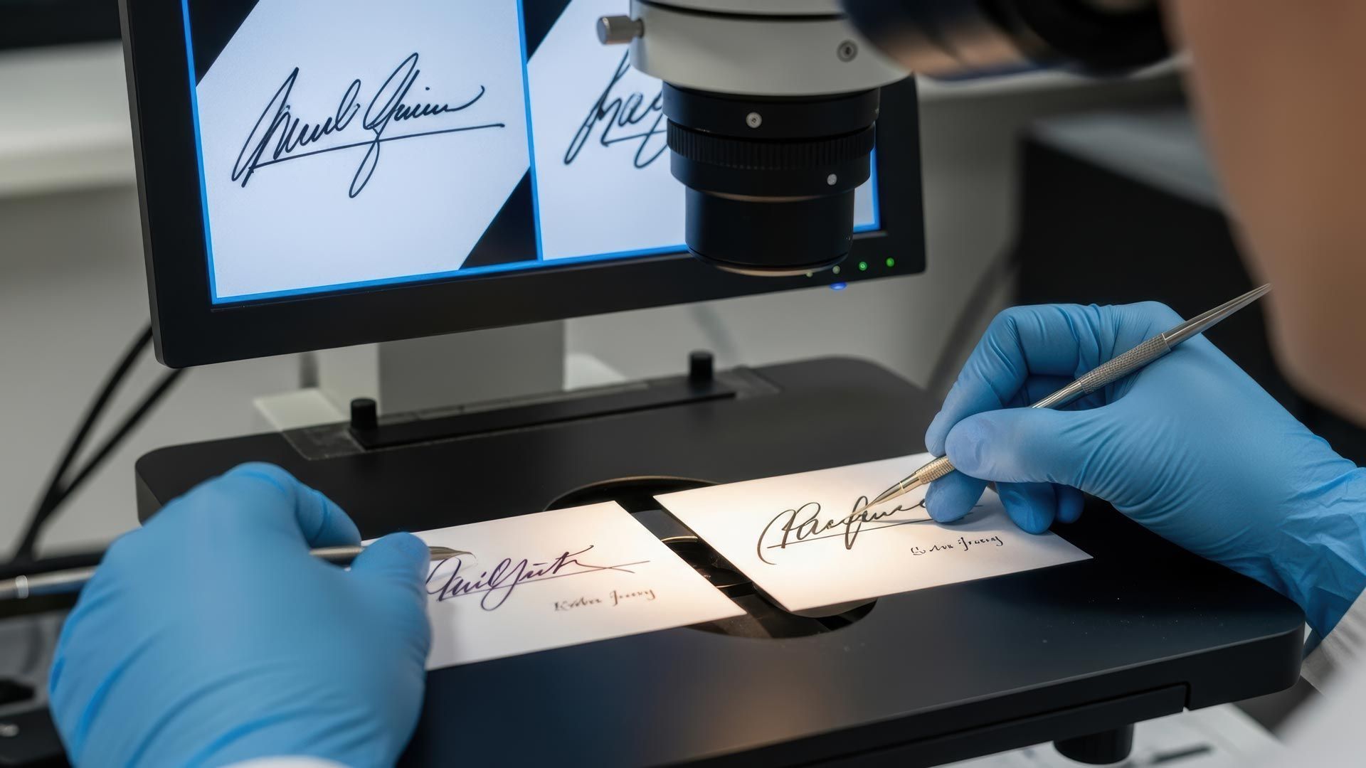 A forensic expert in blue gloves analyzes and compares signatures