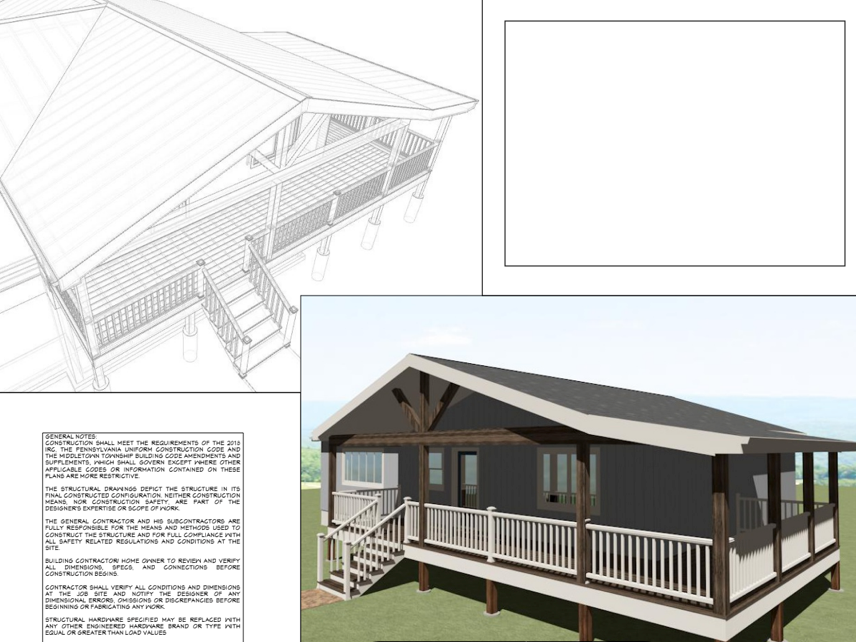 A drawing of a house with a porch and stairs