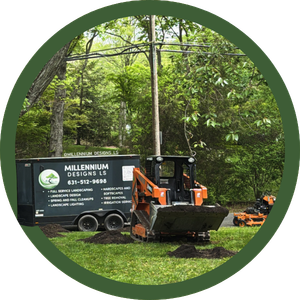 Orange skid steer parked by a black Millennium Disposal trailer in a wooded grassy area.