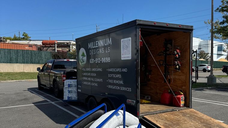 Black trailer with white lettering parked in a lot, with a pickup truck and equipment beside it.