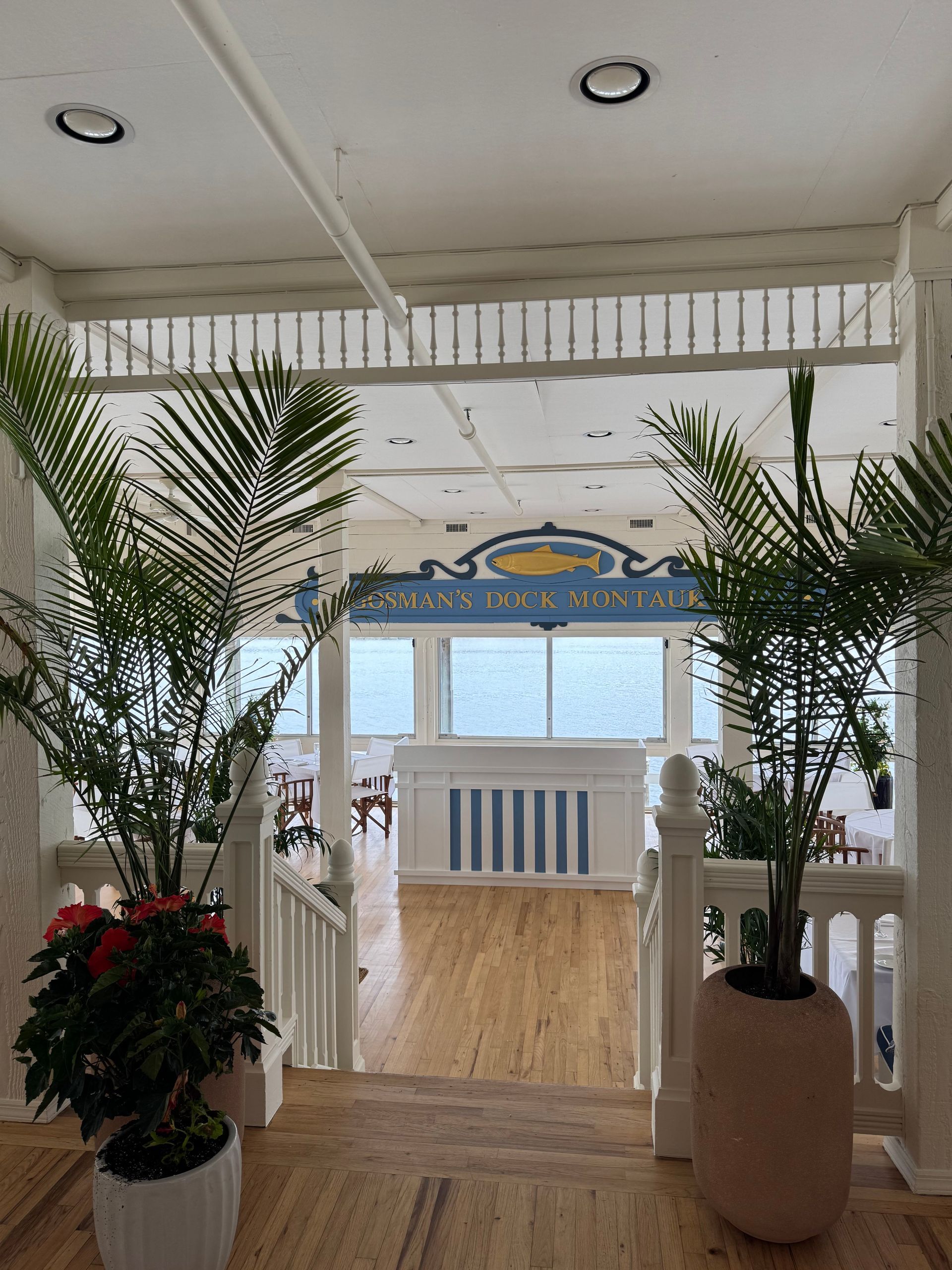 White seaside lounge with potted palms, wood flooring, and blue ocean-view decor