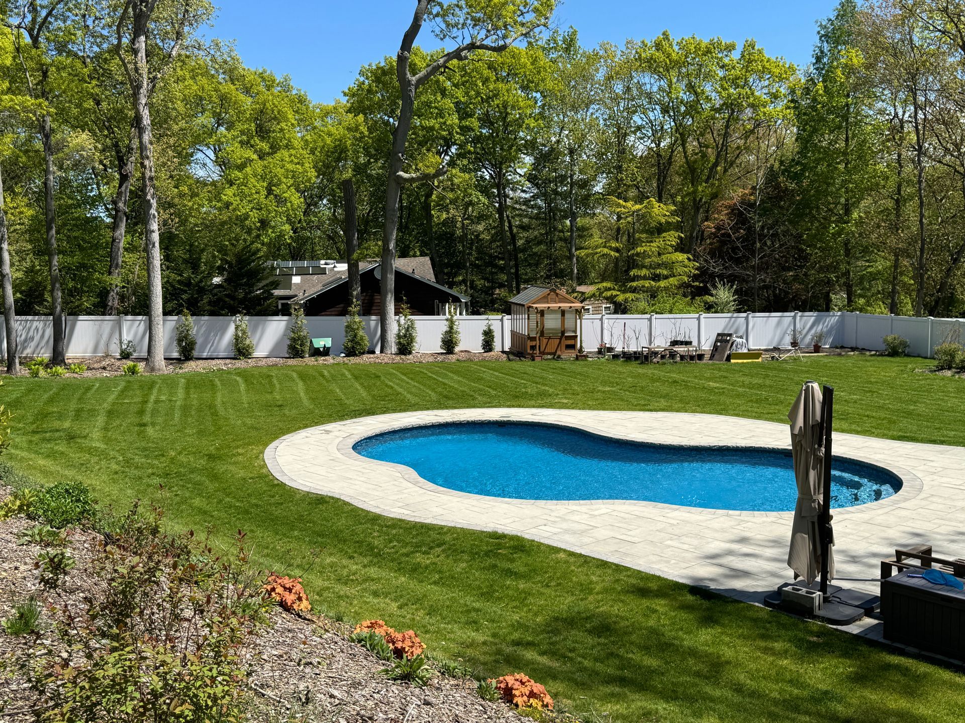 Backyard with a small blue swimming pool, green lawn, and trees under a clear sky