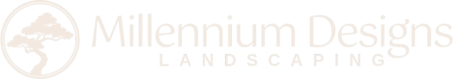 Millennium Designs Landscaping logo with a faint tree and circular emblem in light gray and green