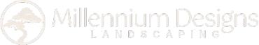 Millennium Designs Landscaping logo with a faint tree and circular emblem in light gray and green