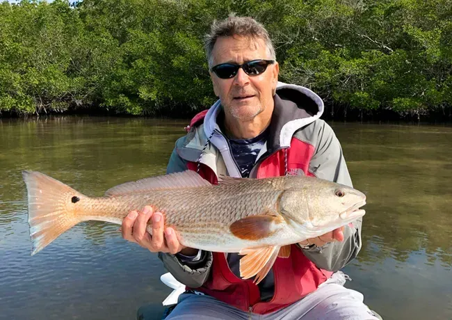 Man in sunglasses holding a redfish on a boat, with mangroves in the background.