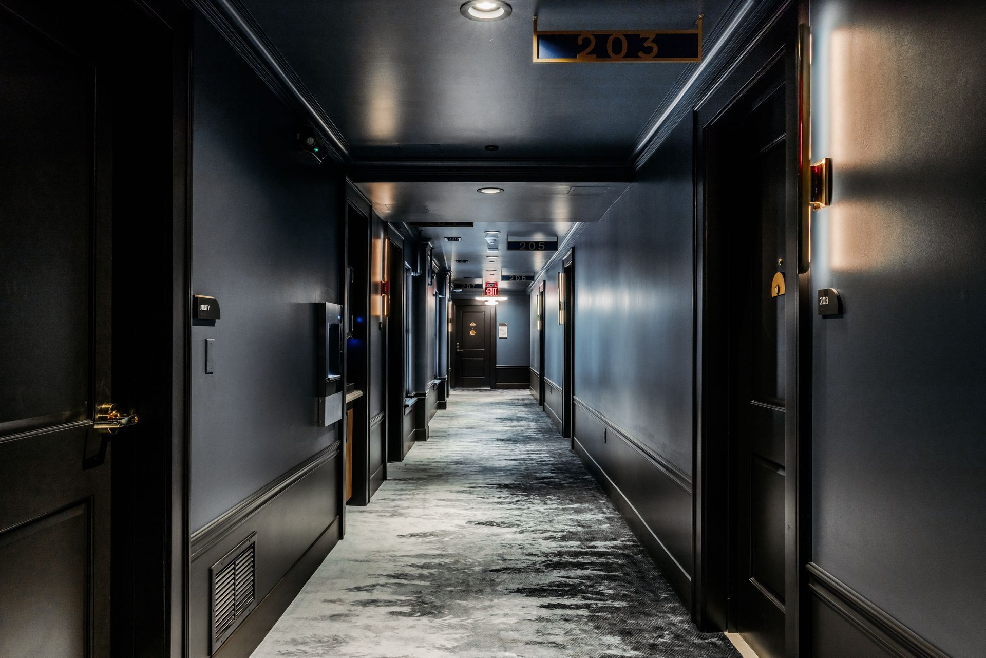 A hallway with two dark wooden doors labeled 209 and 208, a central vertical wall light, and a modern ceiling fixture.