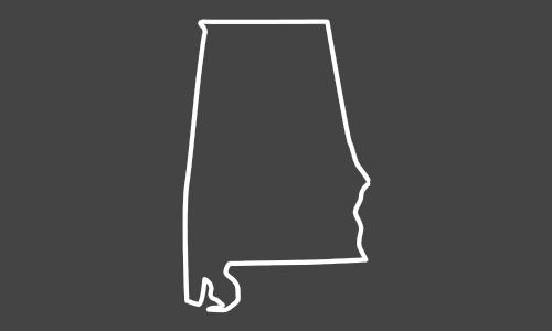 A white outline of the state of alabama on a black background.
