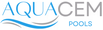 The aquacem pools logo is blue and gray with a wave in the middle.