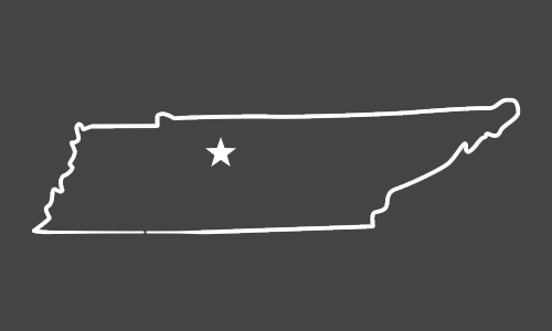 A white line drawing of the state of tennessee with a star in the middle.
