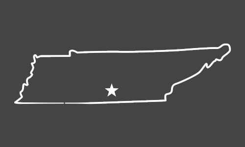A white line drawing of the state of tennessee with a star in the middle.