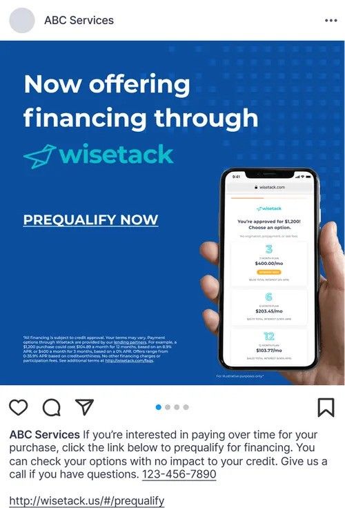 An ABC Services social media post promoting Wisetack financing with a link to prequalify with no impact on credit scores.