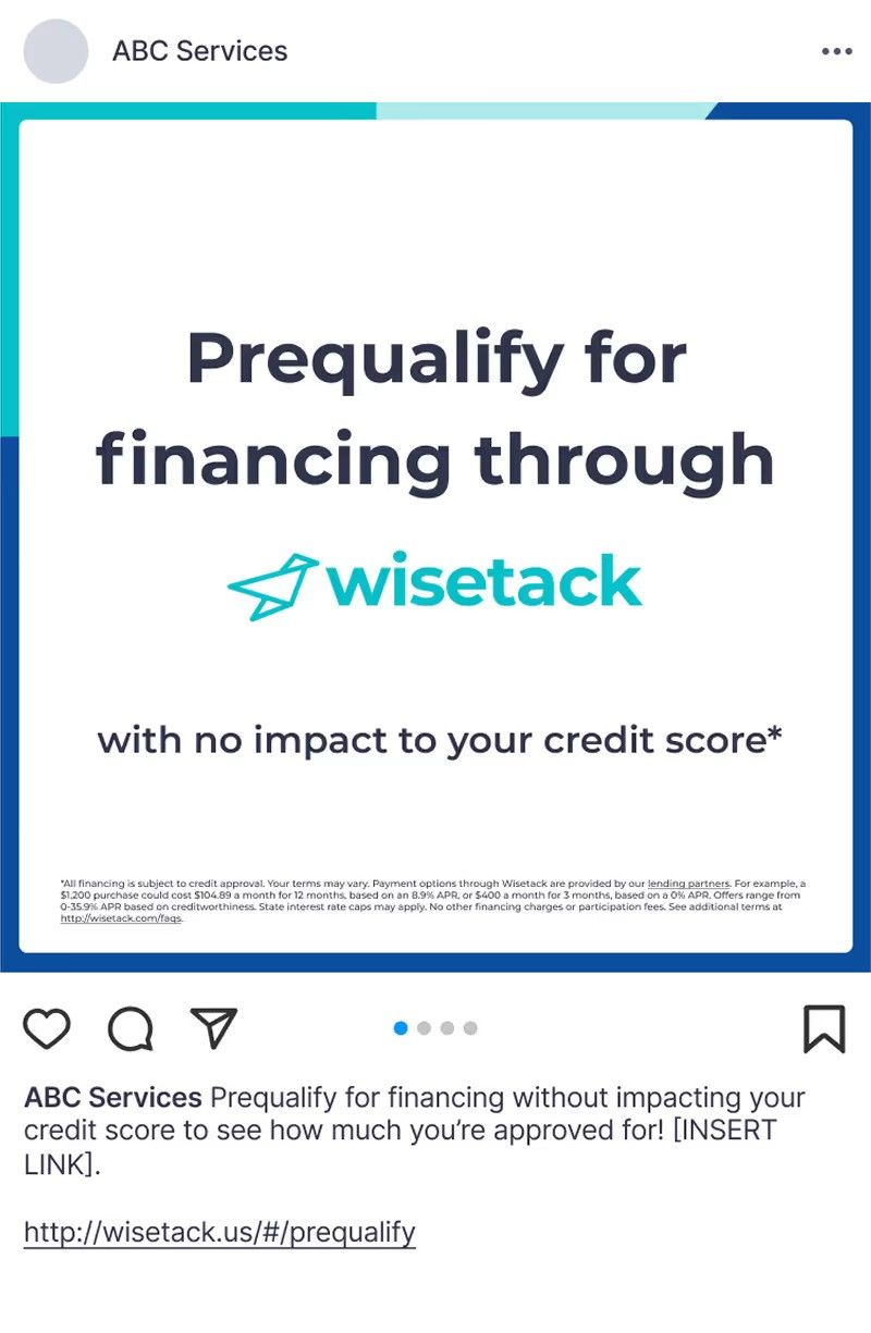 An ABC Services social media post promoting financing through Wisetack, stating it has no impact on your credit score.