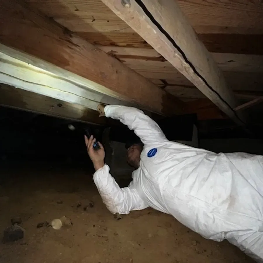 A person in a white protective suit crawls in a dark crawl space, using a flashlight to inspect wooden floor joists.