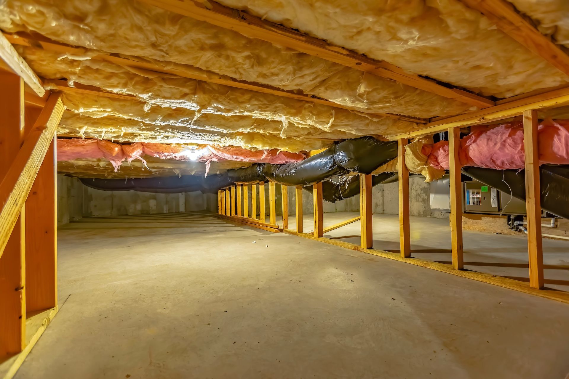 A crawl space featuring a concrete floor, wooden structural support beams, and yellow and pink fiberglass insulation.