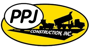 PPJ Construction, Inc. logo with yellow oval, black lettering, and dump truck silhouette