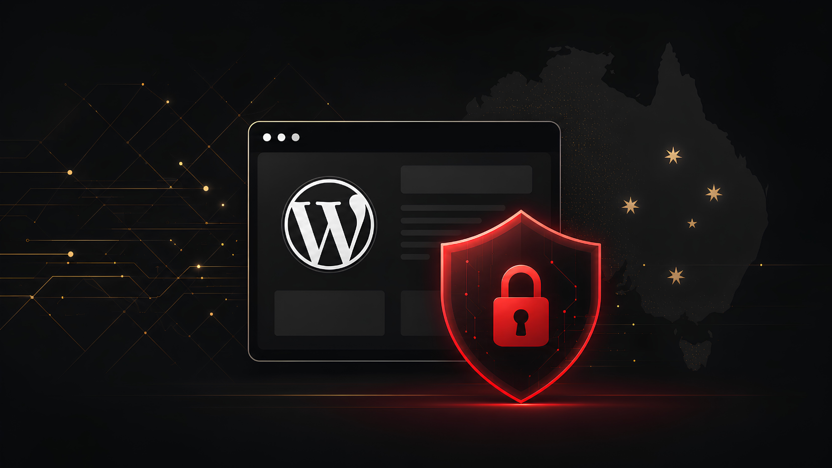 WordPress logo on a dark screen beside a glowing red shield lock, symbolizing website security