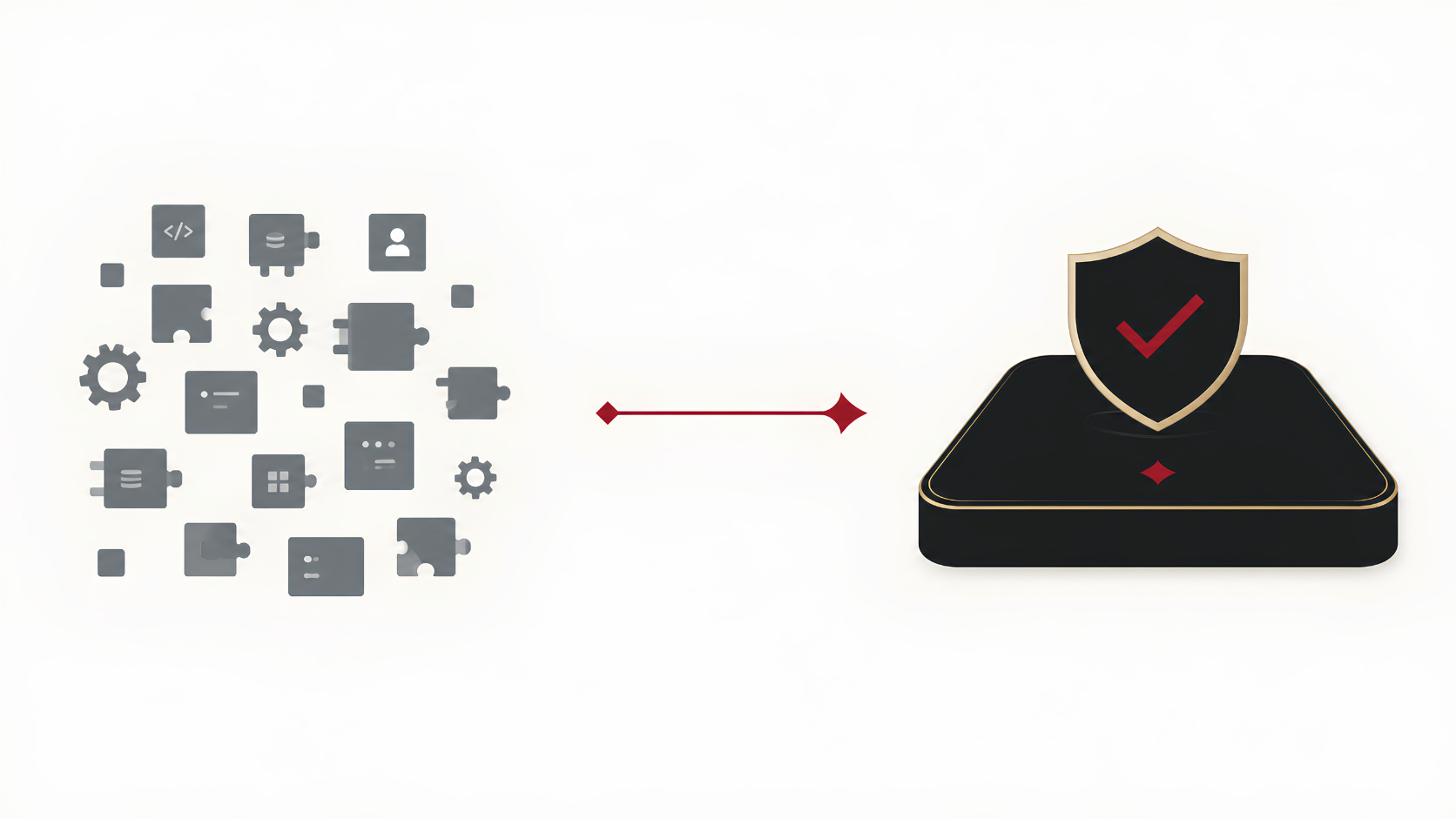 Gray digital icons connected by arrows to a black security box with a shield emblem