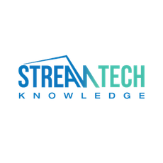 Logo for Stream Tech Knowledge, with blue and green text and a graphic line above 