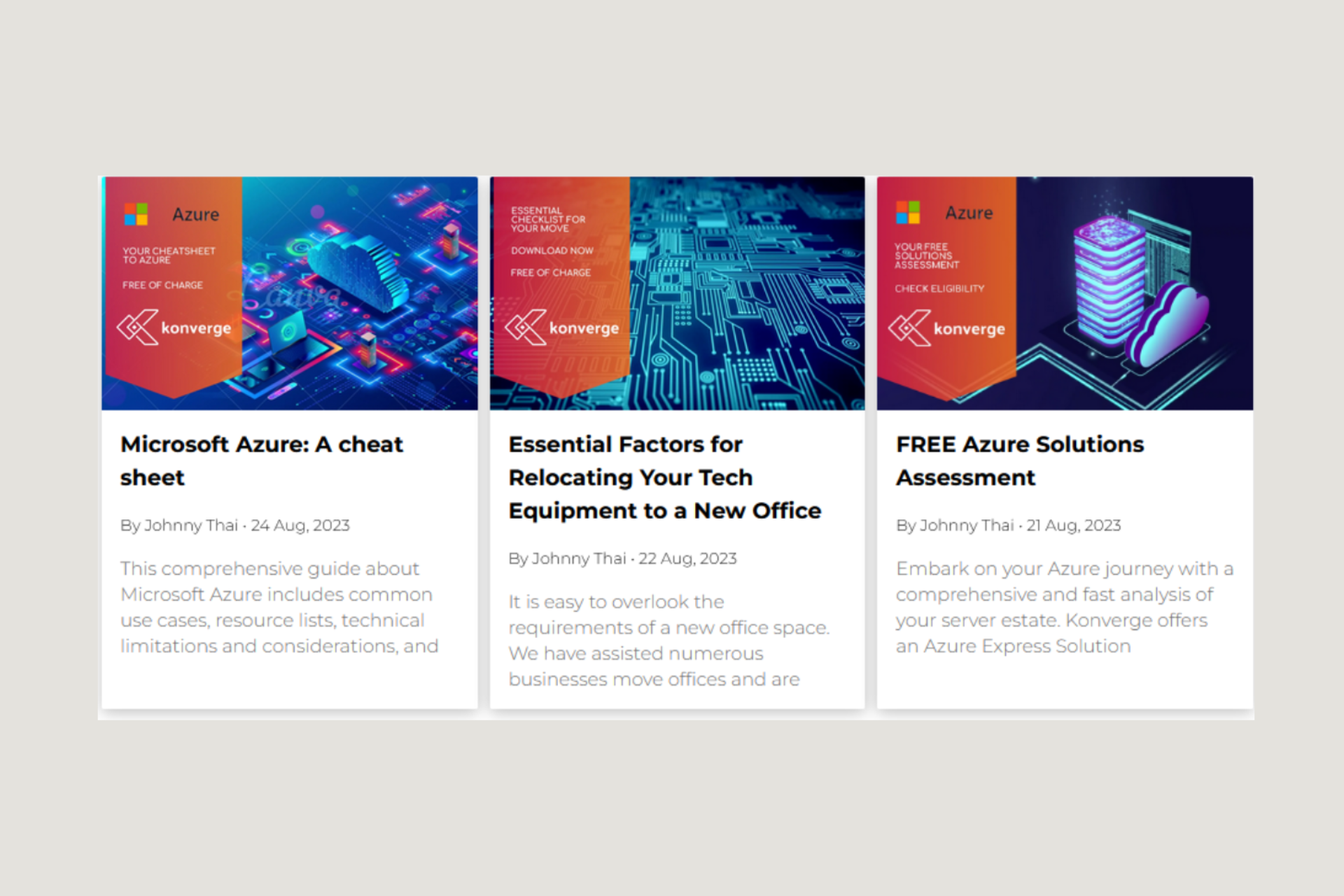 A row of three cards with microsoft azure solutions written on them.