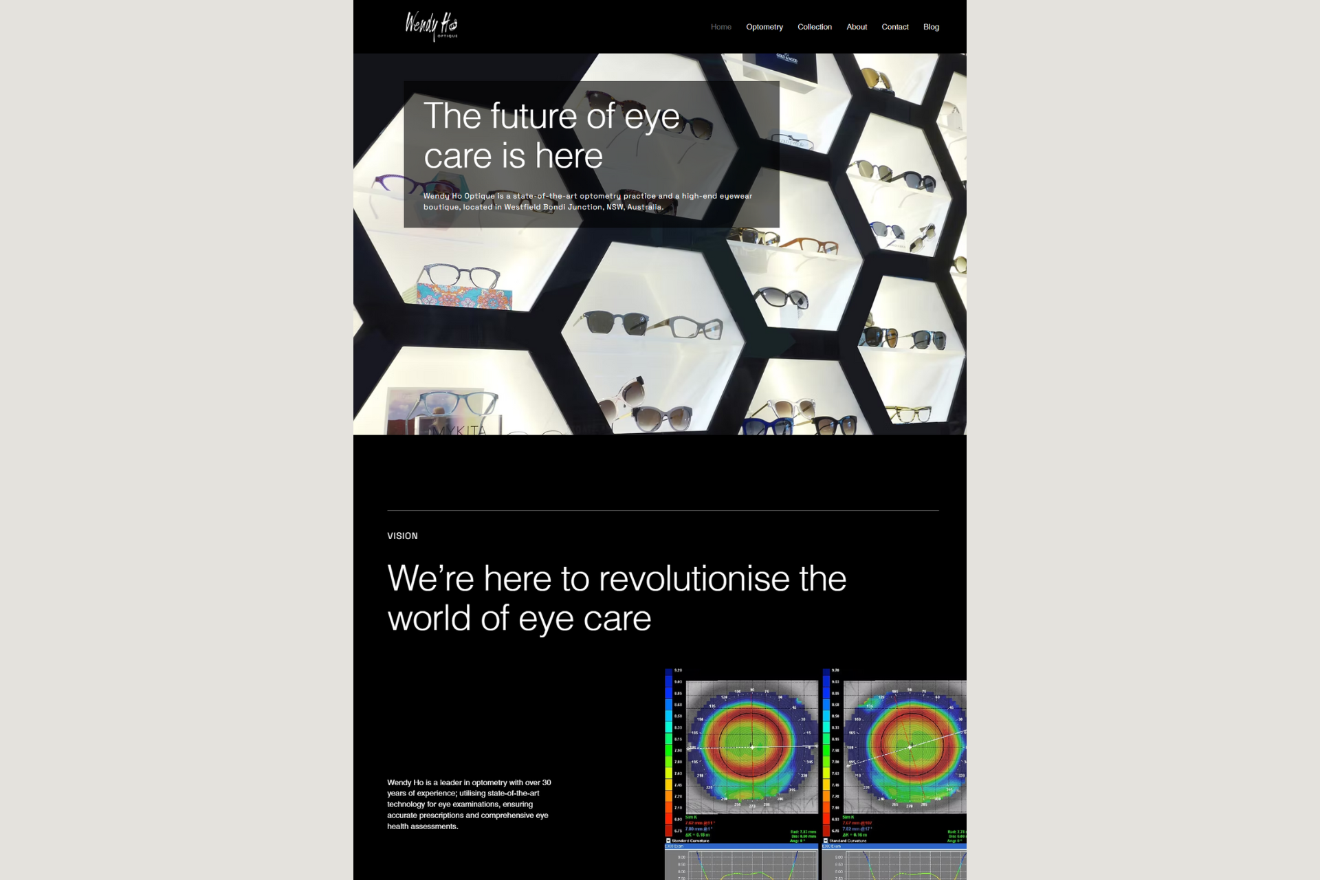 Website for an eye care center, with eyeglasses display and eye scan graphics.