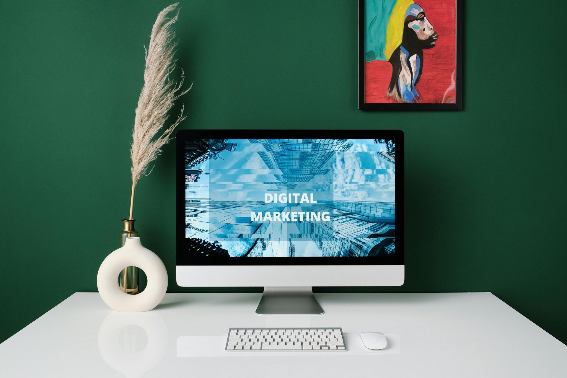 Desktop computer on white desk with 