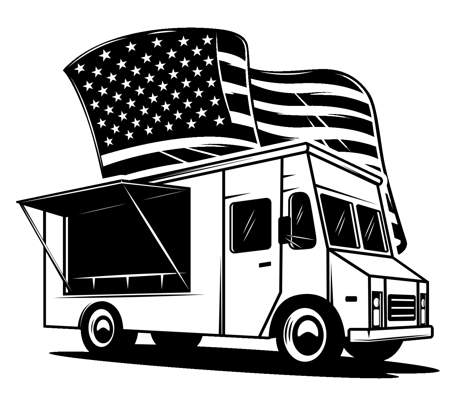 A black and white drawing of a food truck with an american flag on top.