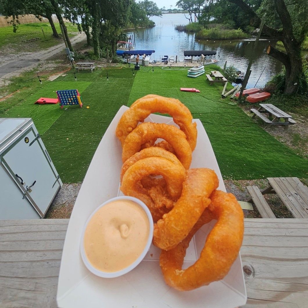 A white plate topped with onion rings and dip. 