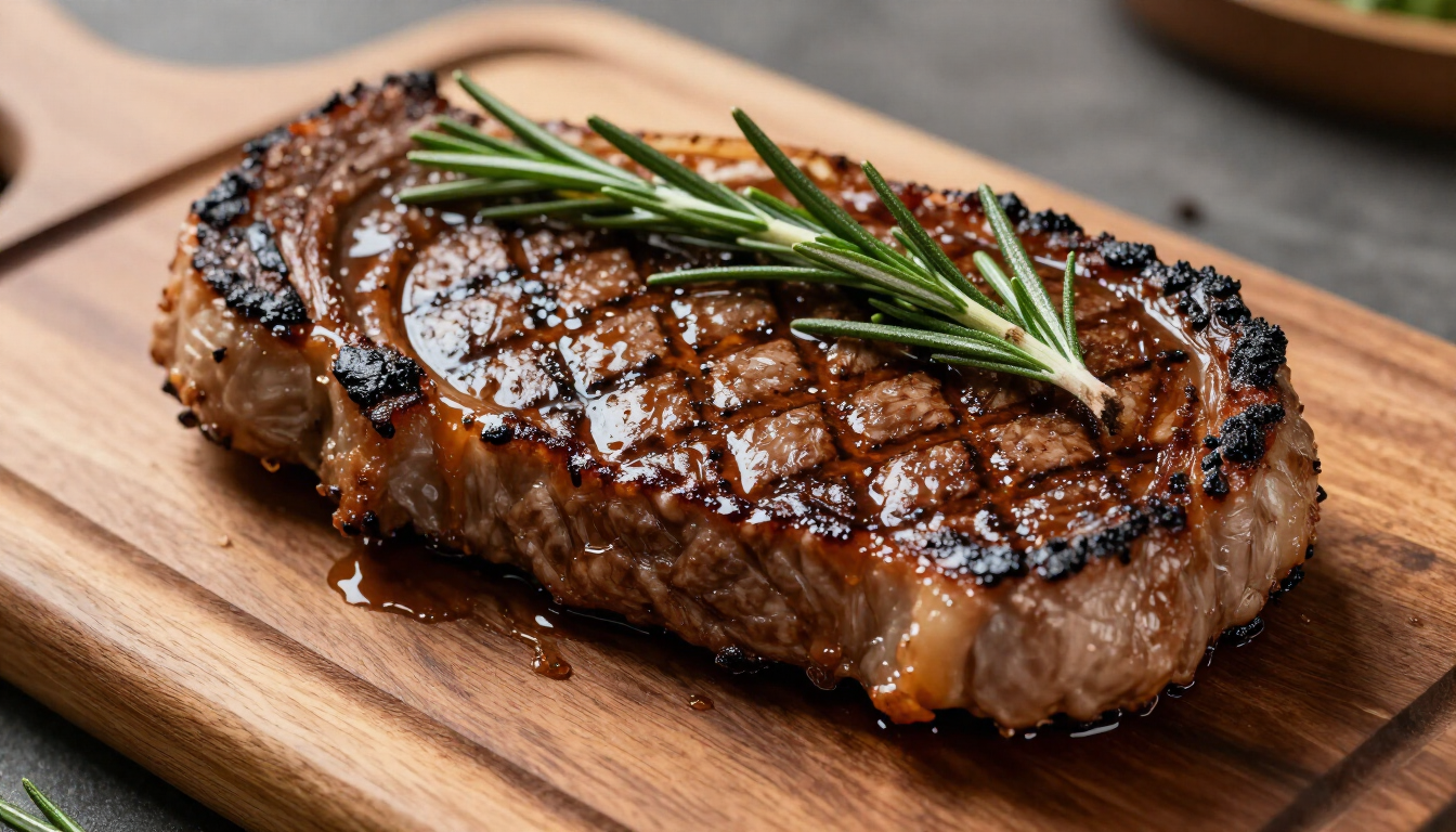 Filete a la parrilla con romero sobre una tabla de cortar de madera